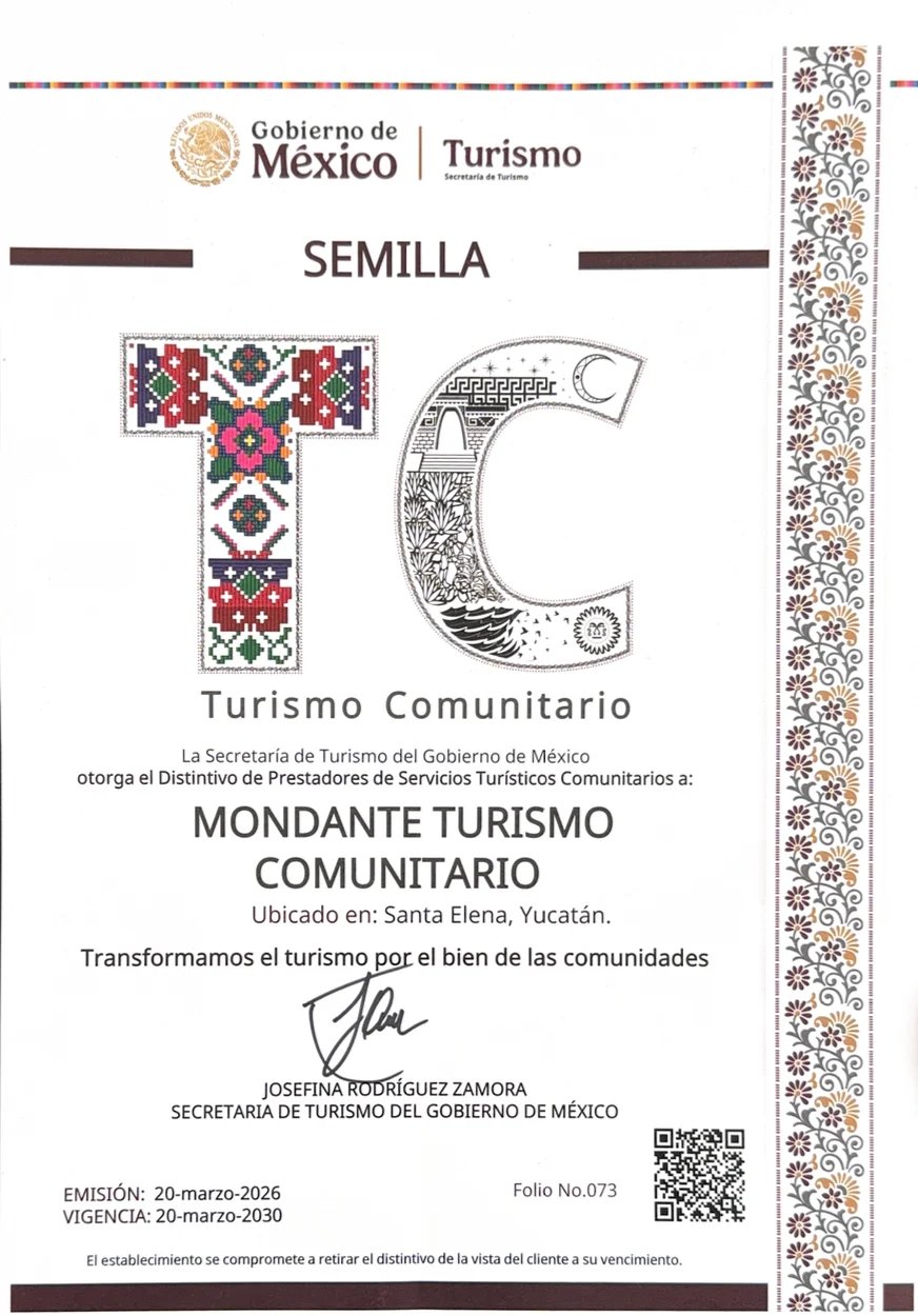 Certificado de turismo comunitario mexicano para Semilla en Yucatán, emitido marzo 2026